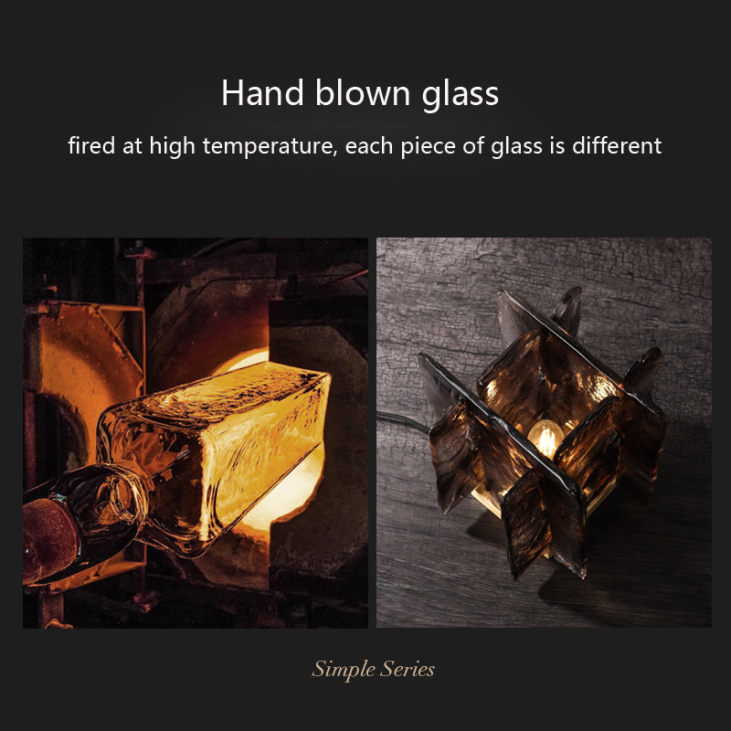Two images showcasing hand-blown glass. Left: Crafting glass in a furnace. Right: Angular geometric design, ideal for the Vintage Brass Glass Table Lamp. Text states Hand blown glass and each piece is unique.