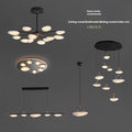 A modern wall lamp collection for bedrooms features energy-efficient LEDs. Designs include intricate radial patterns, circular fixtures, linear pendants, and multi-tiered options, all against a gray backdrop. Perfect for various rooms with smart dimming capabilities.