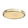 Round ceiling light fixture with a textured gold rim and opaque diffuser.