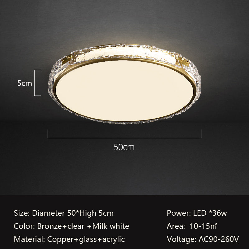 Round bronze and milk white ceiling light fixture, 50cm diameter, made of copper, glass, and acrylic.