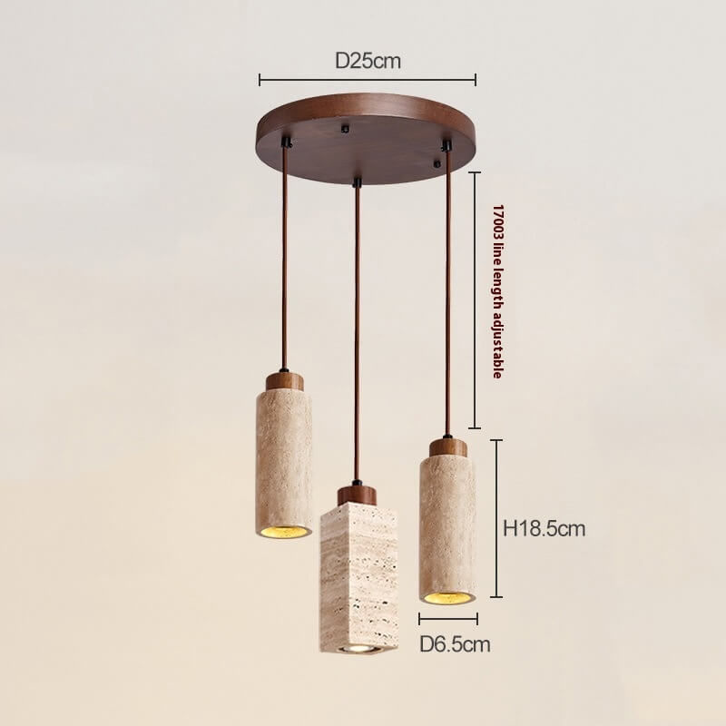 The Travertine Restaurant Chandelier boasts a round, brown base with three cylindrical lights in stone-textured casings. Ideal for Nordic interiors, it features D25cm base, H18.5cm each light, and D6.5cm cylinders, with an adjustable line up to 170cm.