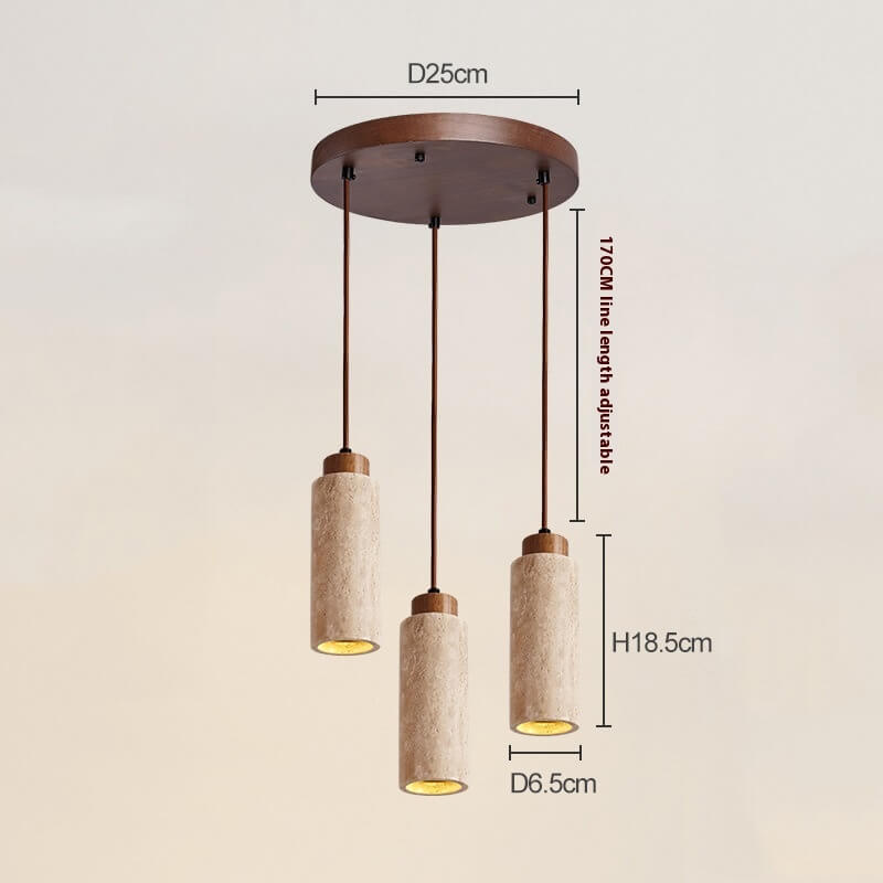 A Travertine Restaurant Chandelier features three cylindrical pendant lights with wood-textured finishes suspended from a D25cm circular wooden ceiling mount. Each light measures H18.5cm and D6.5cm, with a maximum adjustable length of 170cm for added versatility.
