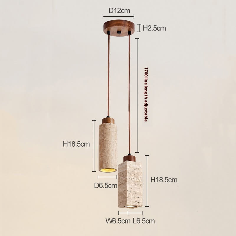 Two pendant lights hang from a 12cm circular base, echoing the Travertine Restaurant Chandeliers design. Featuring cylindrical and rectangular shapes, they stand 18.5cm tall with 170cm adjustable cords. Dimmable LED bulbs enhance ambiance.