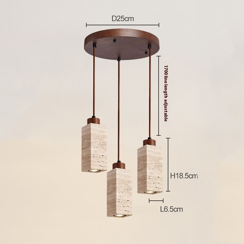 This dimmable LED pendant fixture, similar to the Travertine Restaurant Chandelier, has cylindrical beige shades and a circular brown ceiling mount. It features adjustable height up to 170 cm. The shades are 18.5 cm high and 6.5 cm wide, with a mount diameter of 25 cm.