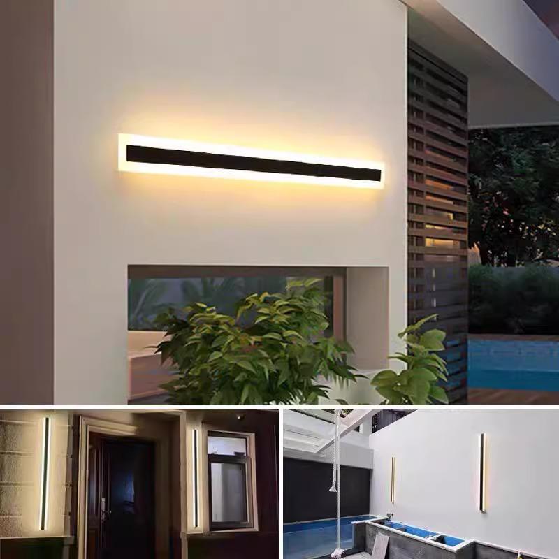 Collage of three images featuring the Outdoor Linear Wall Light: a sleek rectangular design casting a soft glow on a white wall with plants; the IP65 waterproof light above a window at night; and two vertical lights enhancing a contemporary interior space.