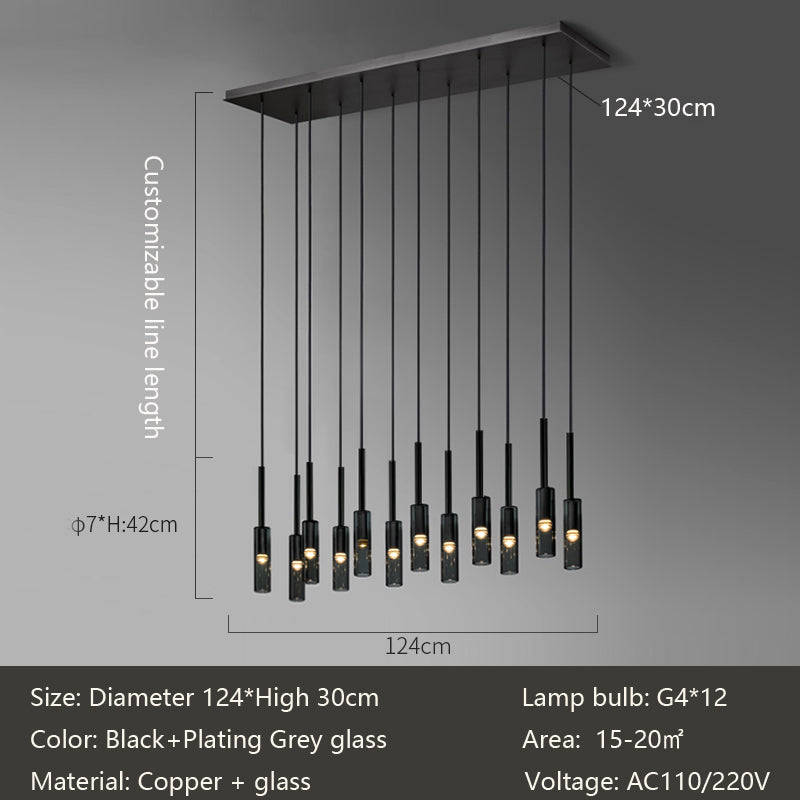 A modern chandelier featuring six elegant lights, illuminating the space with a contemporary design.