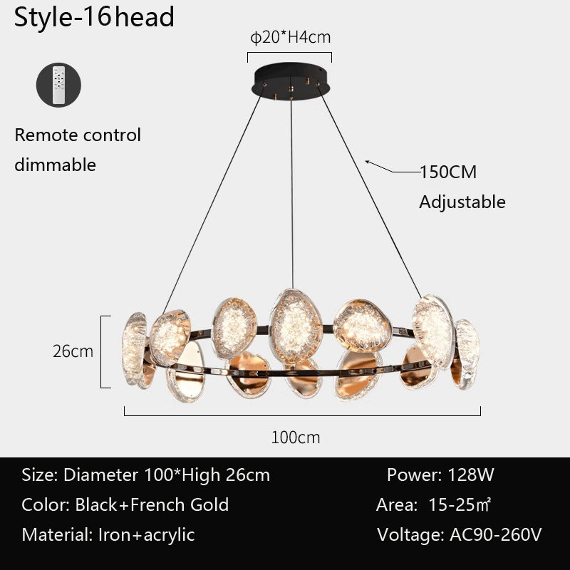 The round chandelier is a stylish, modern lighting pendant with 16 oval heads in black and French gold, crafted from iron and acrylic. It features a remote-controlled smart dimming function, adjustable height, and provides 128W of power for spaces sized 15-25㎡.