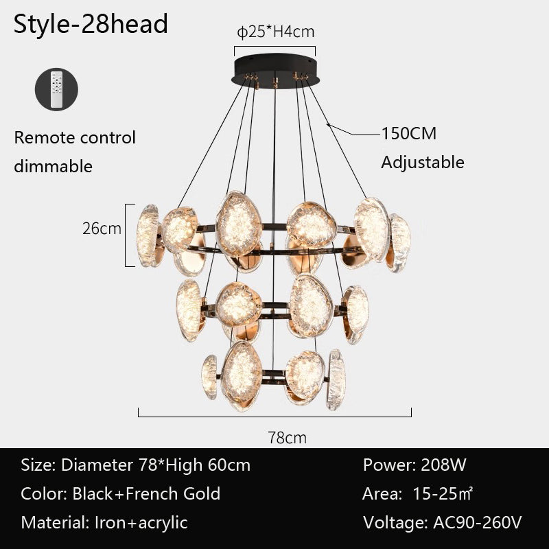 The round chandelier boasts multiple circular lights in a Style-28head design, crafted from iron and acrylic in black and French gold. It features a smart dimming system for convenience, with dimensions and power specifications provided below the image.