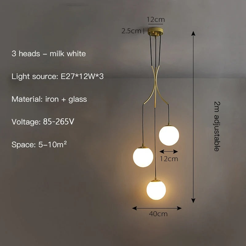 The Bottaat Modern Round Chandelier features three milk-white globe lights on a gold fixture, adjustable up to 2m height, 40cm width, and a 12cm ceiling mount. Ideal for 5-10m² areas, it supports E27 bulbs and offers versatile lighting with an 85-265V voltage range.