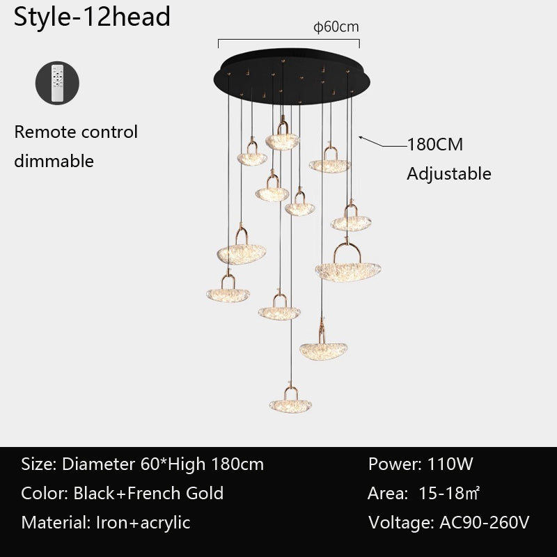 Modern chandelier with 12 adjustable hanging lights, remote control, black and gold iron structure, acrylic shades.