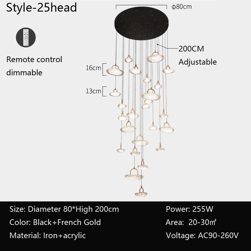 A modern 25-head chandelier with a diameter of 80cm and an adjustable height of 200cm, suitable for spaces of 20-30㎡. The fixture features a black and French gold color scheme, made of iron and acrylic, and includes remote control functionality with dimmable lighting for a customized experience. The layered design features saucer-shaped shades that emit soft and even light. With a power output of 255W and voltage support of AC90-260V, this chandelier is ideal for living rooms, staircases, or high-ceiling ar