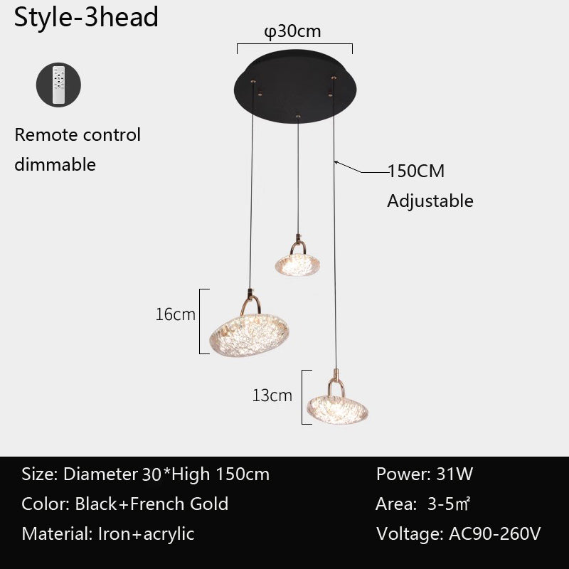 A 3-headed pendant light with remote control, black and gold colors, iron and acrylic materials, and adjustable height.