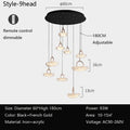 A black and gold 9-head chandelier with acrylic shades, adjustable height, and a remote control feature.