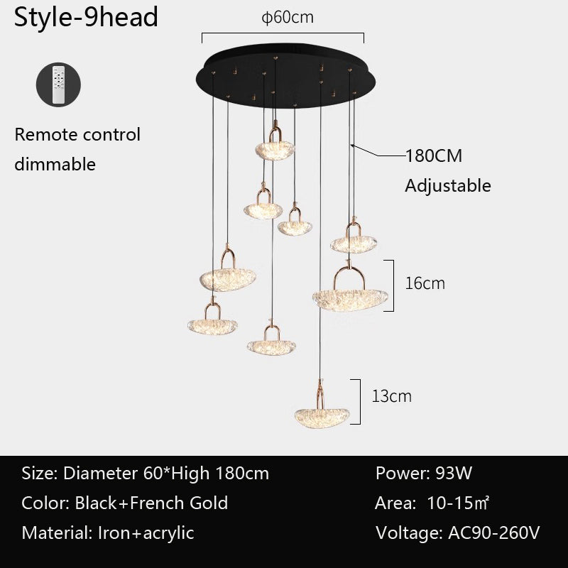 A black and gold 9-head chandelier with acrylic shades, adjustable height, and a remote control feature.