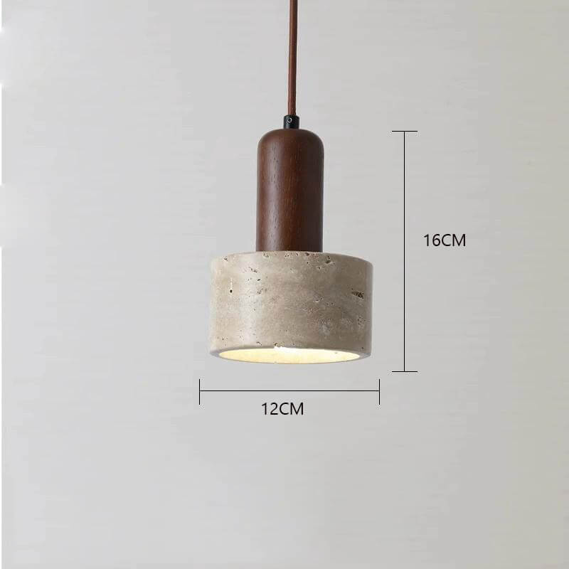 The Vintage Yellow Travertine Chandelier features a natural stone cylindrical shade (12cm wide, 16cm tall) with a dark brown top, casting a warm glow when lit. It includes an adjustable E27 LED bulb for optimal lighting.