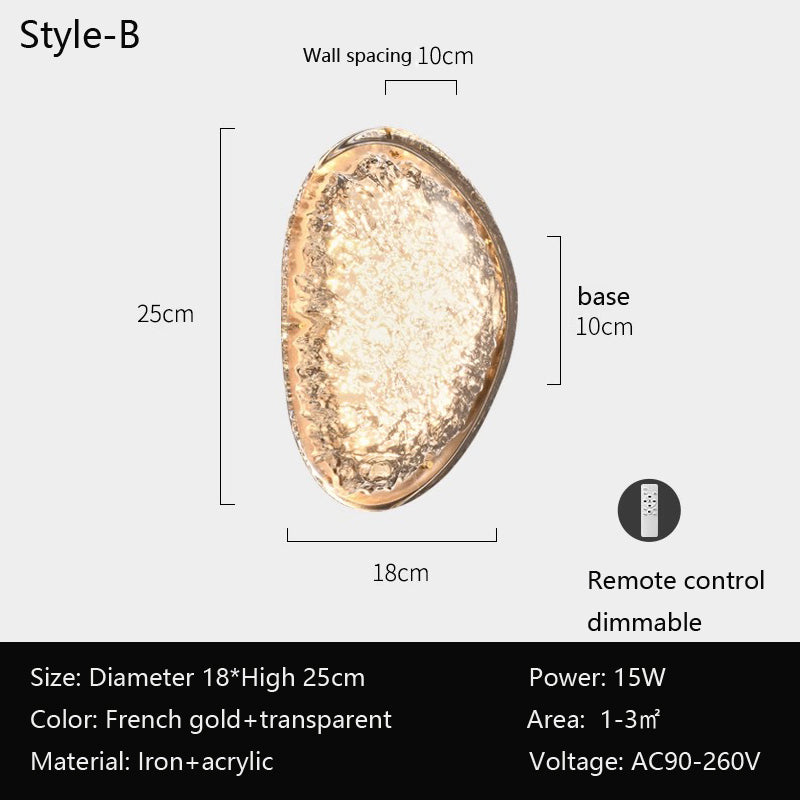 Introducing the wall lamps for bedroom, a modern acrylic design in gold and transparent finishes. This LED fixture offers 15W, remote dimming, measures 18x25 cm with a 10 cm spacing, suitable for areas of 1-3 m², and operates at AC90-260V.