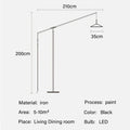 The Velluto Floor Lamp, crafted in sleek black iron, stands 200cm tall and 210cm wide with a lampshade diameter of 35cm. Ideal for spaces between 5–10m³ like living or dining rooms, its minimalist design offers adjustable lighting through a painted finish with an LED bulb.