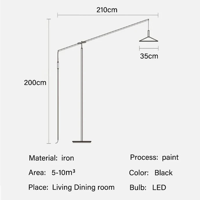 The Velluto Floor Lamp, crafted in sleek black iron, stands 200cm tall and 210cm wide with a lampshade diameter of 35cm. Ideal for spaces between 5–10m³ like living or dining rooms, its minimalist design offers adjustable lighting through a painted finish with an LED bulb.