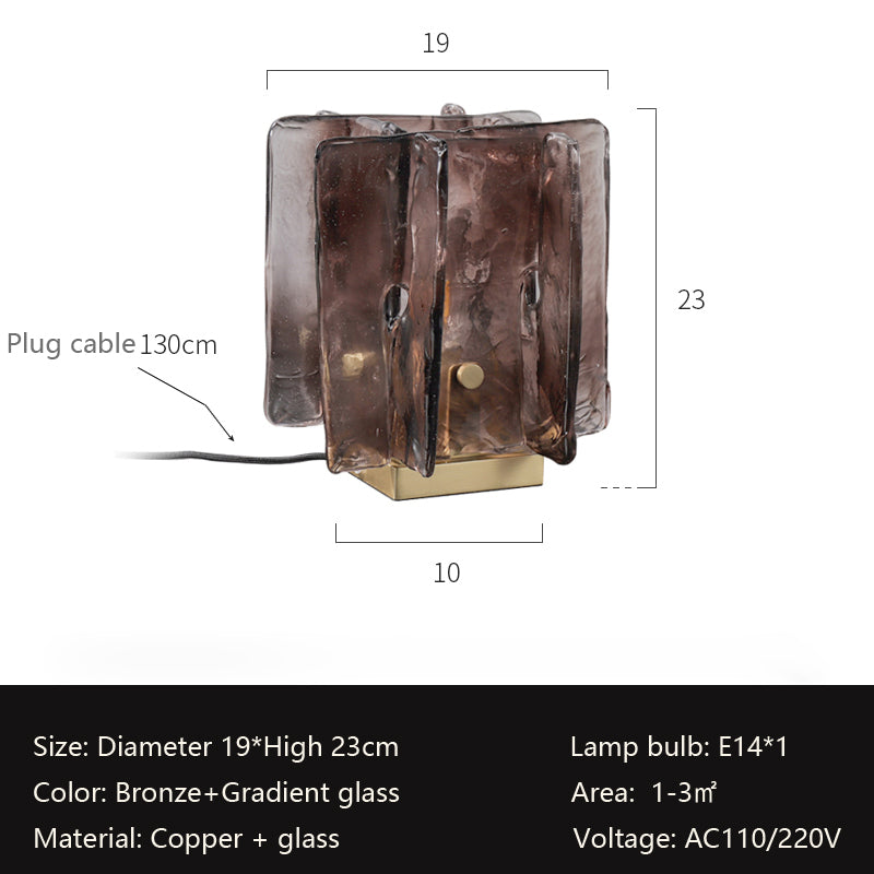 The Vintage brass glass table lamp blends modern and vintage styles with its gradient glass panels on a square base. It measures 19cm in diameter, 23cm high, and uses an E14 bulb to efficiently illuminate 1-3 square meters.