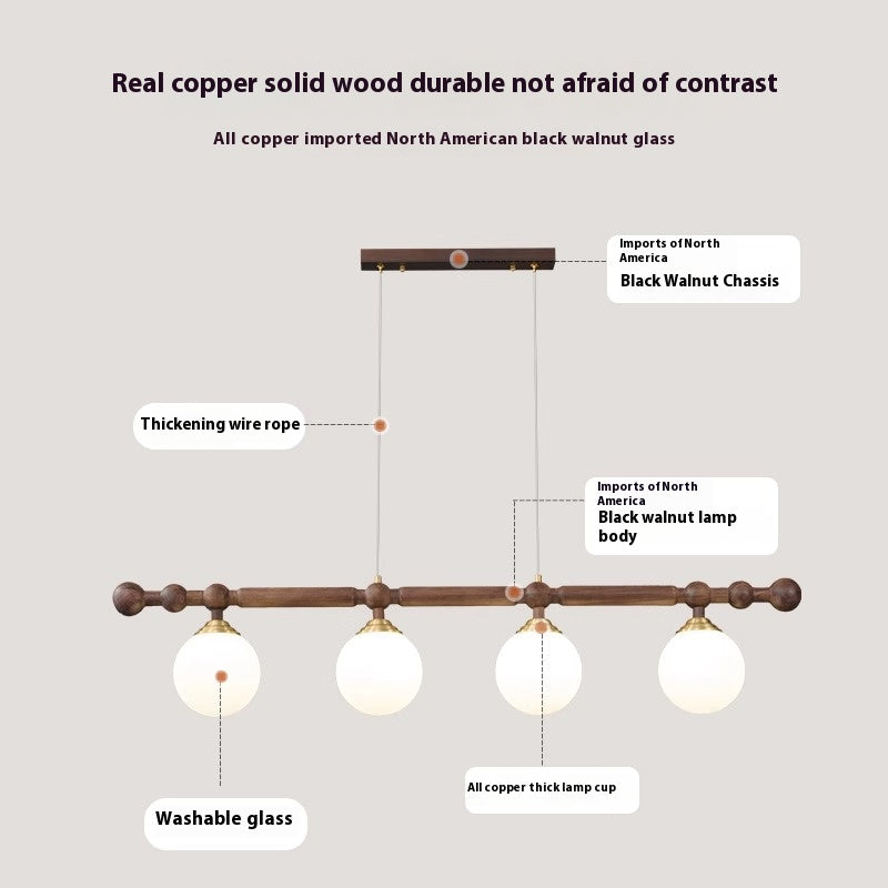 Diagram of a wooden and copper light fixture with annotations describing its parts and materials.