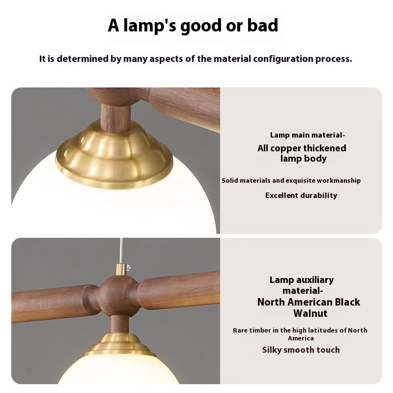 Image showing close-ups of a lamp's brass and walnut materials, with text highlighting its quality and durability.