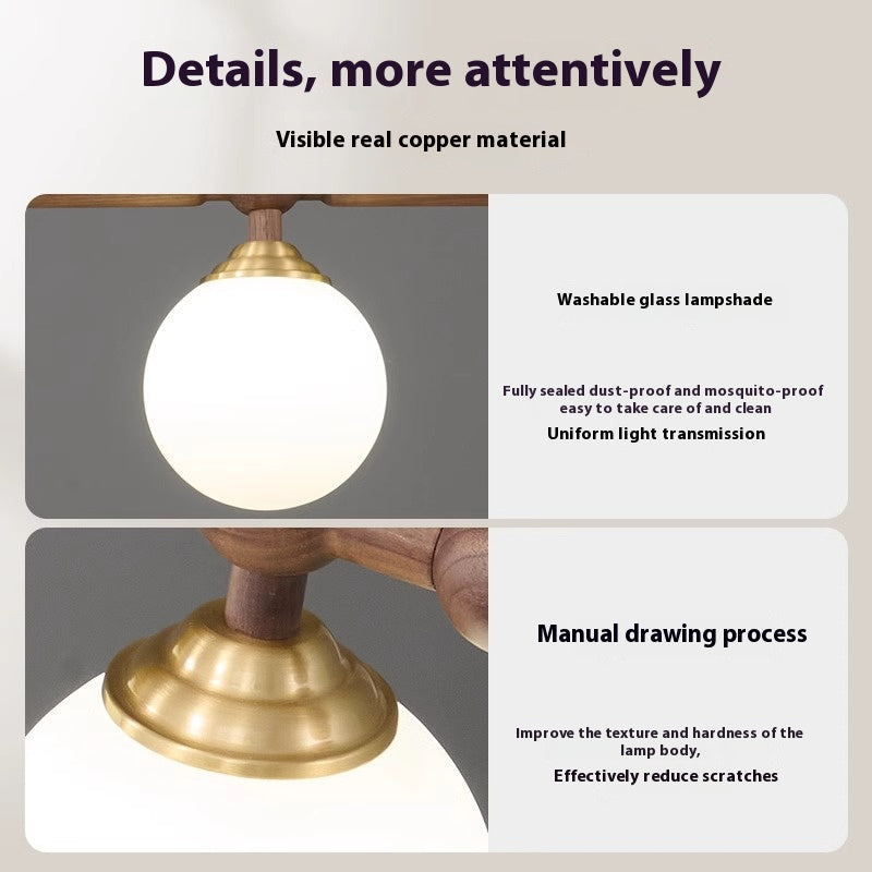 An advertisement image highlighting features of a copper lamp with a white glass lampshade.