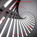 The Fishbone Wave Chandelier features spiral staircase-shaped lamps with long, rectangular lights that twist upward. Red text at the top reads, Each lamp body can be rotated 360°, emphasizing its adjustable lighting capabilities. Arrows highlight rotation directions against a gray backdrop.