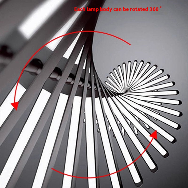 The Fishbone Wave Chandelier features spiral staircase-shaped lamps with long, rectangular lights that twist upward. Red text at the top reads, Each lamp body can be rotated 360°, emphasizing its adjustable lighting capabilities. Arrows highlight rotation directions against a gray backdrop.
