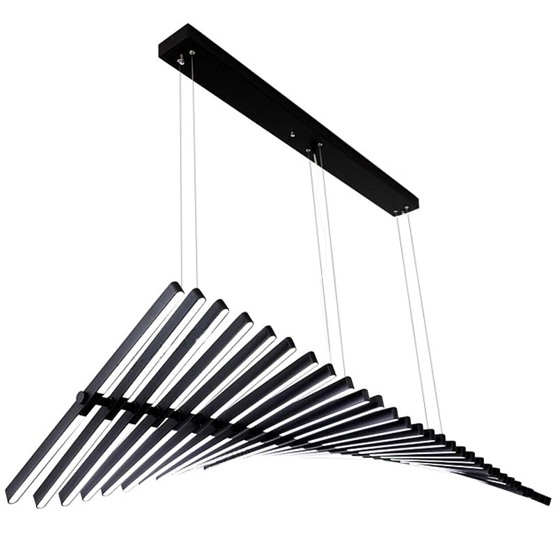 The Fishbone Wave Chandelier is a modern black pendant light with a geometric design featuring multiple thin rods descending in a spiral from a rectangular ceiling mount, offering adjustable lighting and customization for a dynamic angled wave pattern.