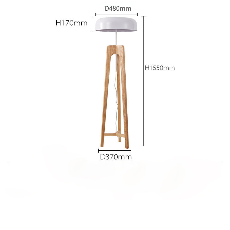The Tripod Floor Lamp is ideal for a modern ambiance, featuring a 1550mm tall wooden tripod base with a white cylindrical shade (170mm high, 480mm diameter) and a 370mm base. Perfect for LED bulbs.