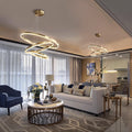 Modern chandelier design with two circular rings gracefully hanging from the ceiling, enhancing the room's ambiance.