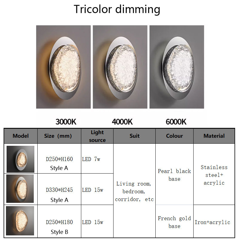 Explore our comparison of energy-efficient LED wall lamps for bedrooms. Featuring smart dimming with tricolor options: warm white (3000K), natural white (4000K), and cool white (6000K). Check the table below for details on models, sizes, colors, and materials of these modern acrylic lighting fixtures.